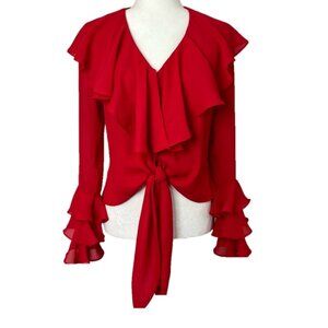 Red ruffled collar front tie flounce sleeve flamenco festive blouse